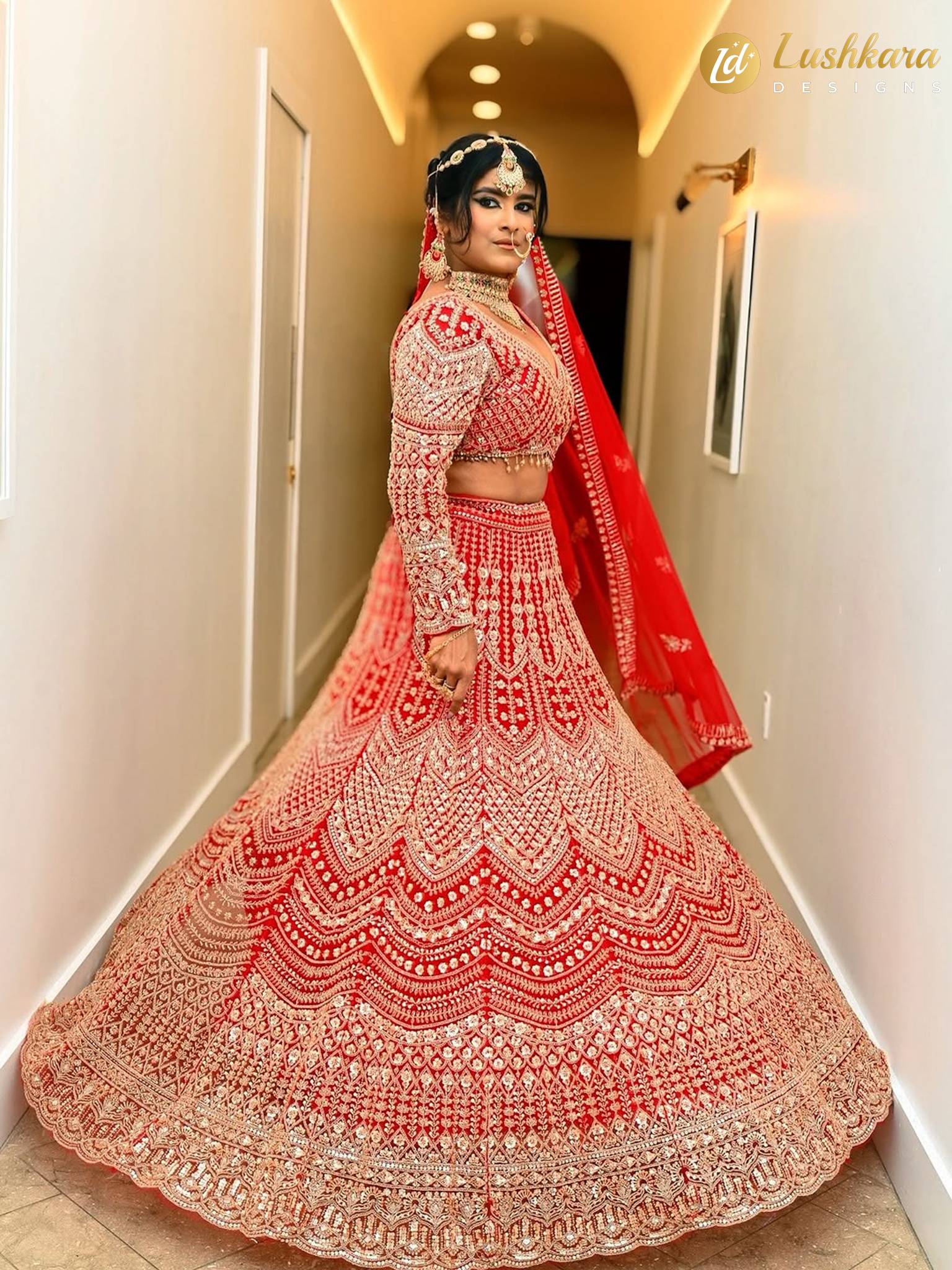 Lushkara Deep Red Bridal Lehenga with Heavy Zari & BeadWork