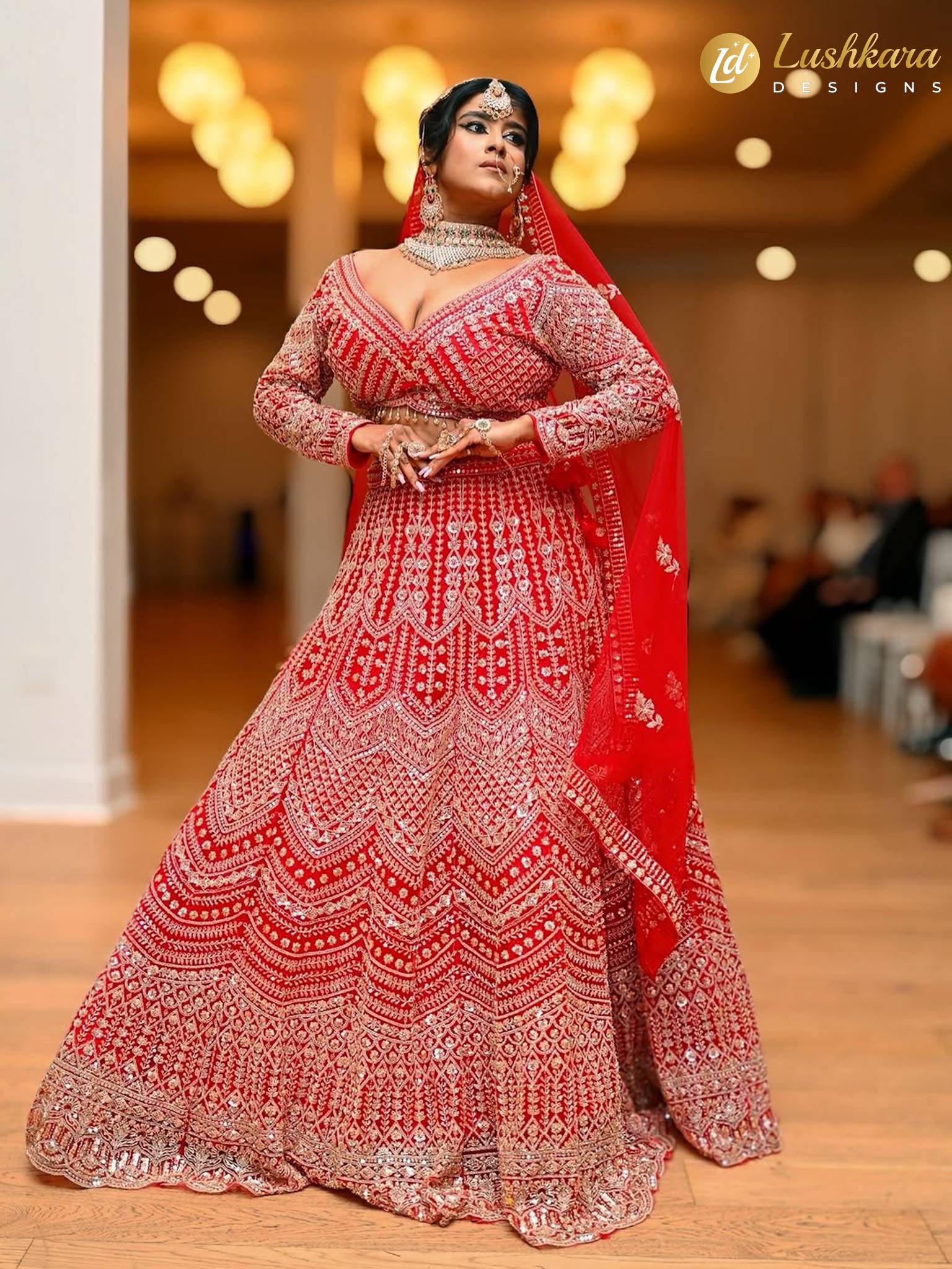 Lushkara Deep Red Bridal Lehenga with Heavy Zari & BeadWork