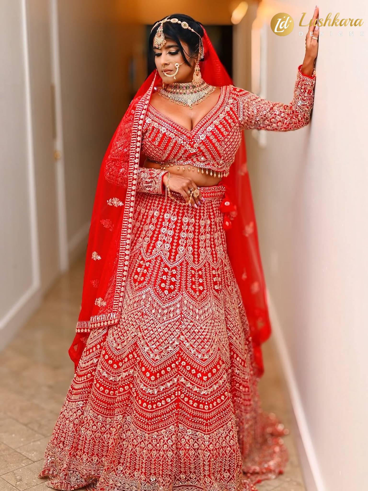 Lushkara Deep Red Bridal Lehenga with Heavy Zari & BeadWork