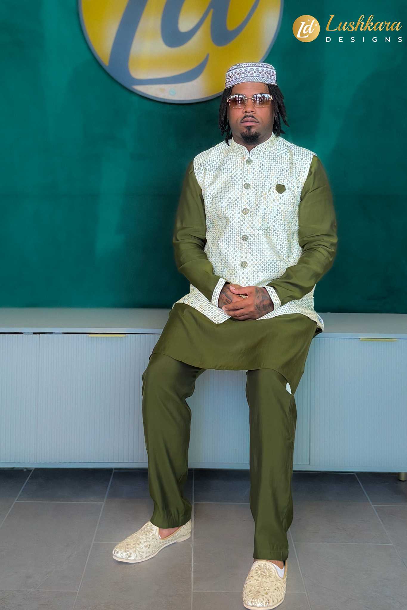 Lushkara Olive Green Kurta Set with Ivory Printed Waistcoat