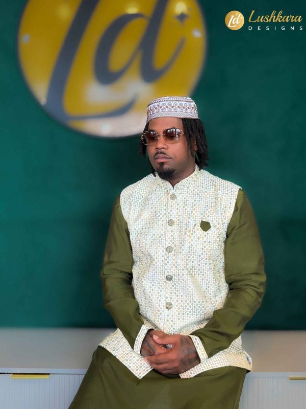 Lushkara Olive Green Kurta Set with Ivory Printed Waistcoat