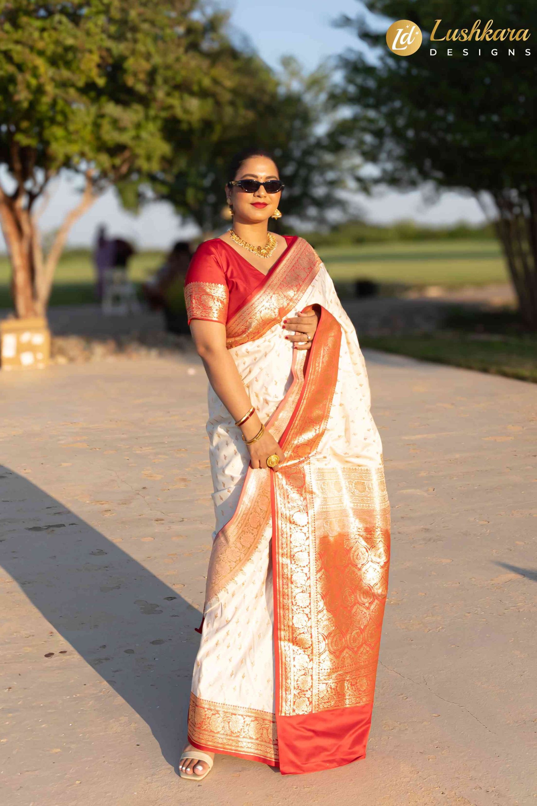 Lushkara Red Banarasi Silk Saree with Golden Zari Border