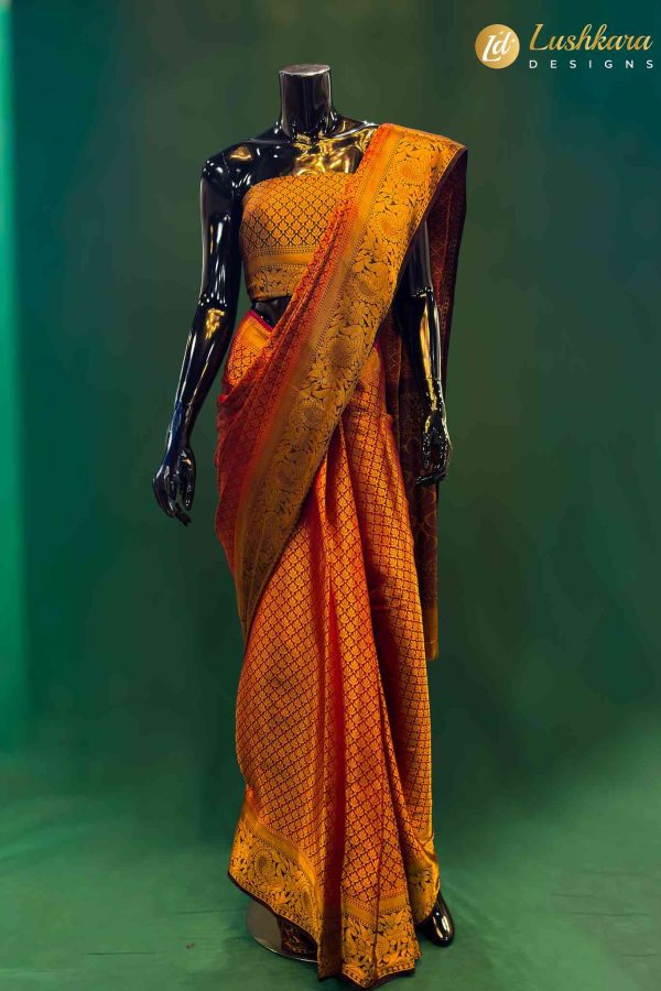 Lushkara Orange & Red Banarasi Saree