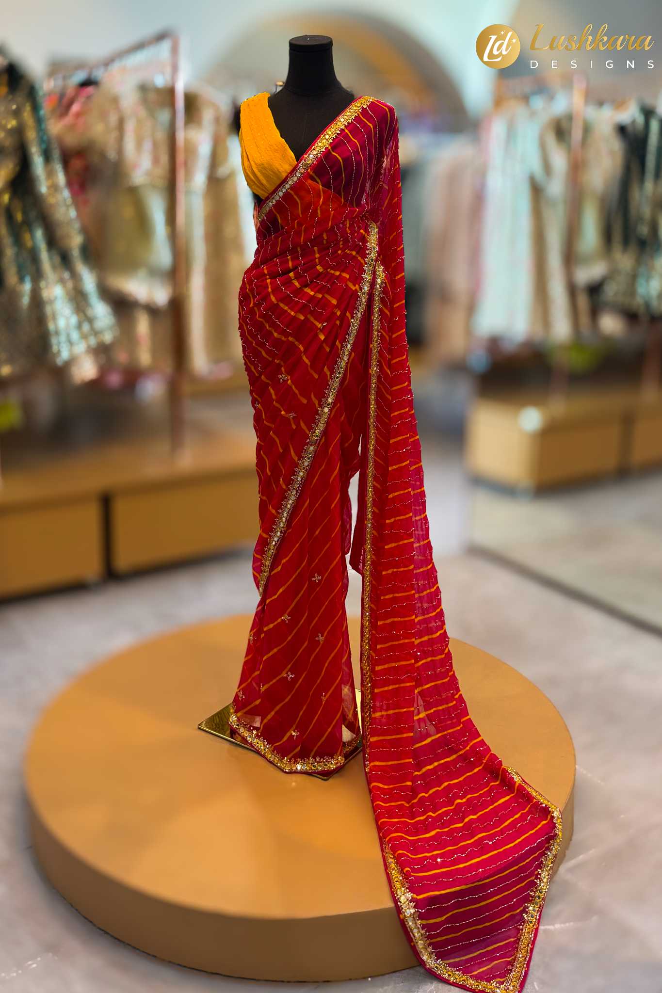 Red Bandhani Saree with Golden Border