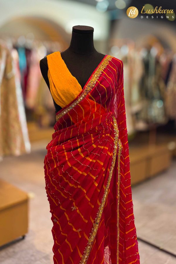 Red Bandhani Saree with Golden Border
