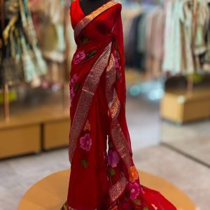 Lushkara Red Floral Saree with Zari Border & Printed Design