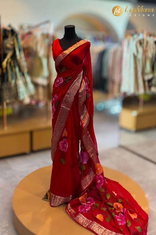 Lushkara Red Floral Saree with Zari Border & Printed Design