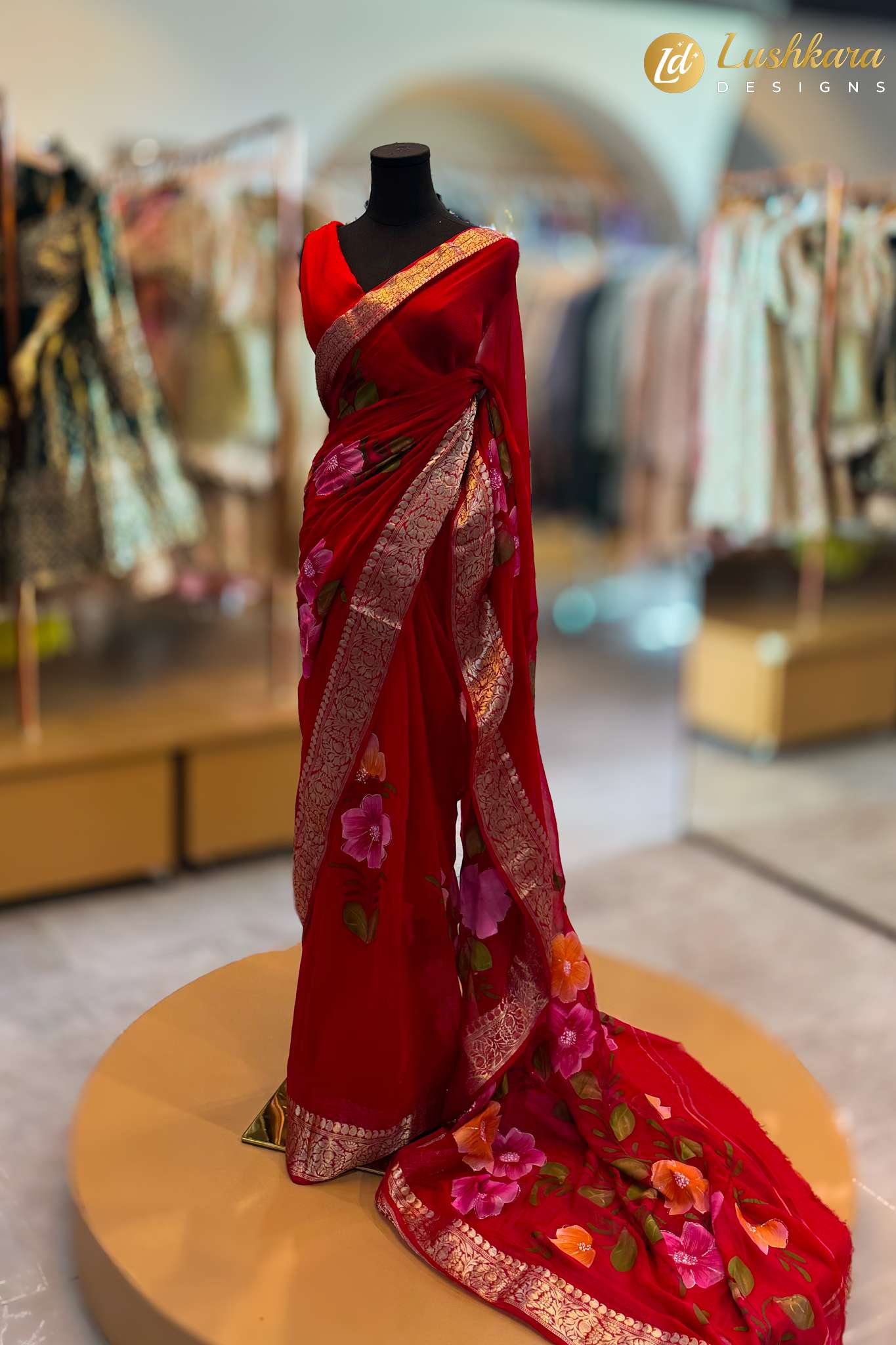Lushkara Red Floral Saree with Zari Border & Printed Design