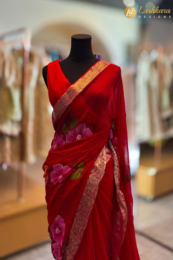Lushkara Red Floral Saree with Zari Border & Printed Design