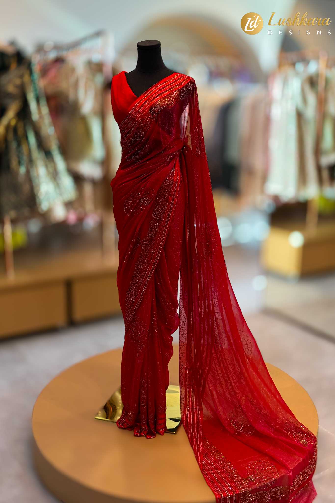 Lushkara Red Sequin Saree with Embroidered Detailing