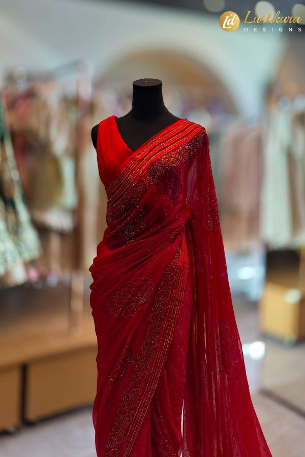 Lushkara Red Sequin Saree with Embroidered Detailing