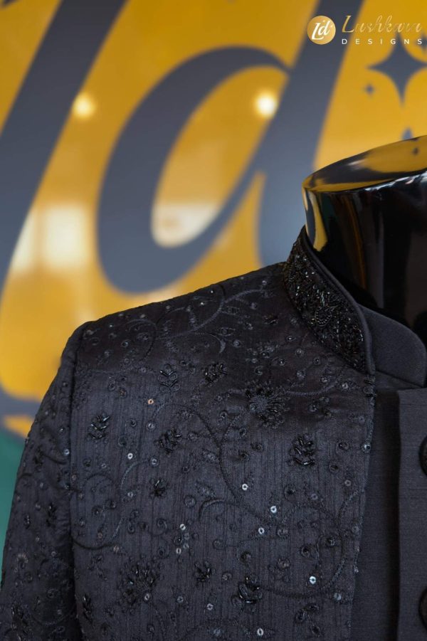 Lushkara Black Sherwani with Tonal Embroidery and Sequins for Men