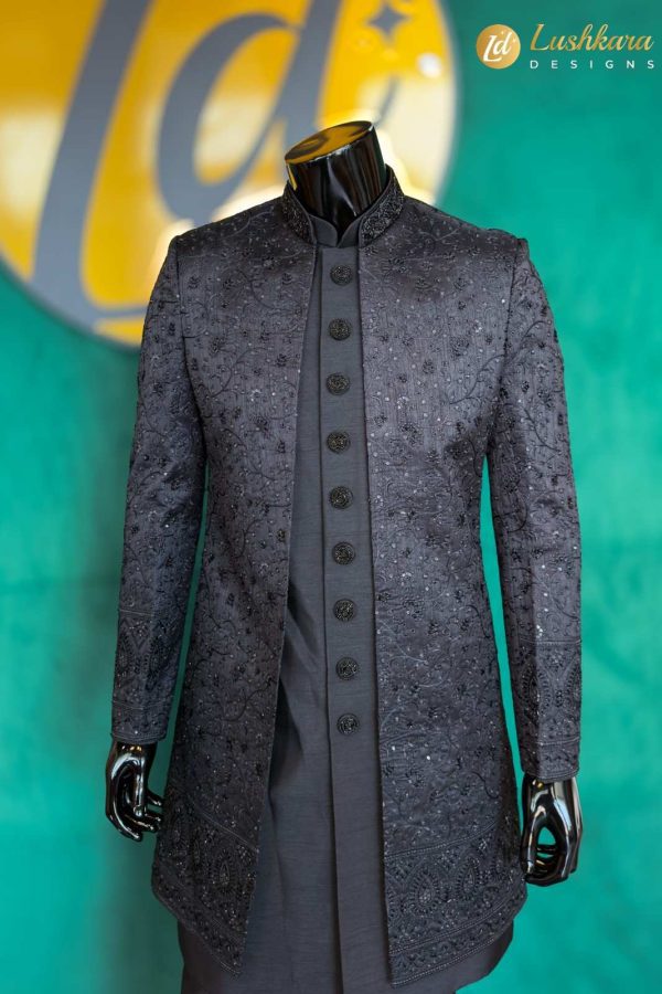 Lushkara Black Sherwani with Tonal Embroidery and Sequins for Men