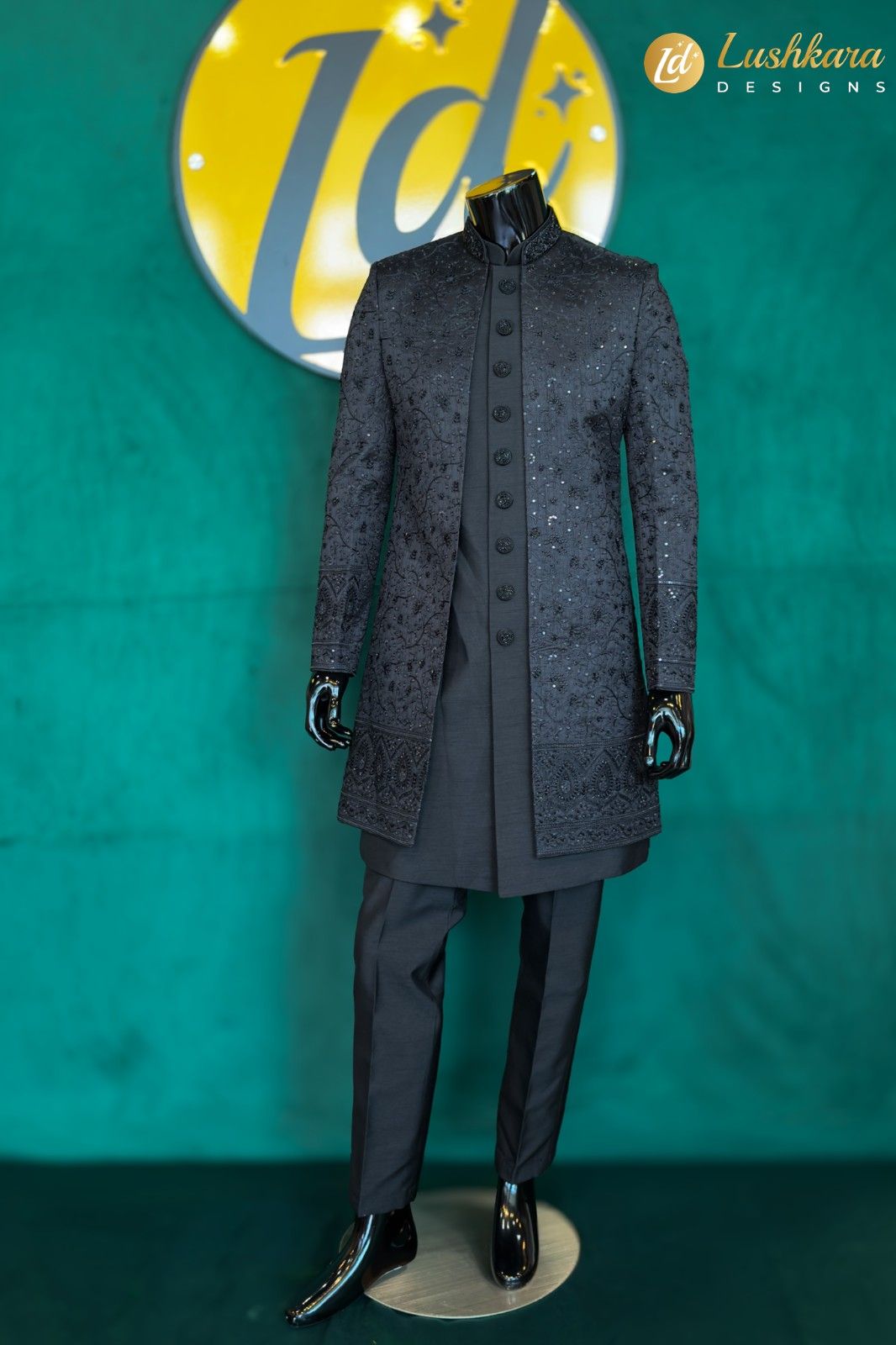 Lushkara Black Sherwani with Tonal Embroidery and Sequins for Men