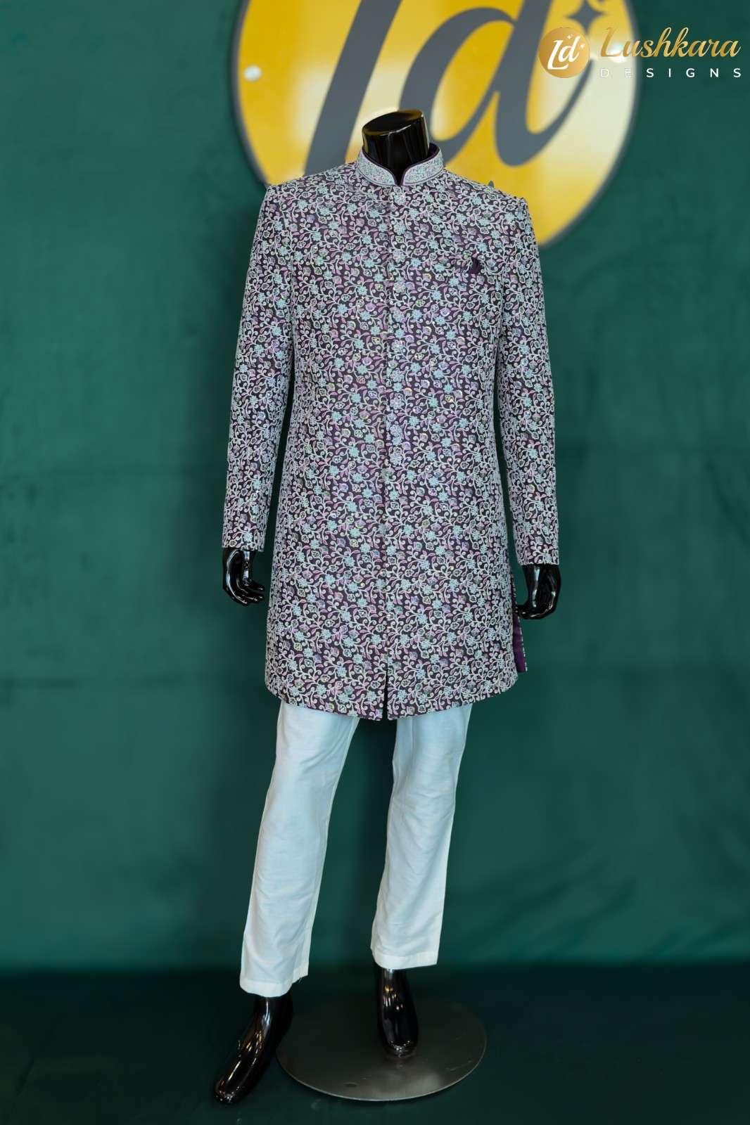 Lushkara Purple Sherwani with Multicolor Floral Embroidery