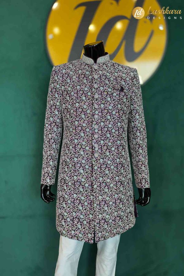 Lushkara Purple Sherwani with Multicolor Floral Embroidery
