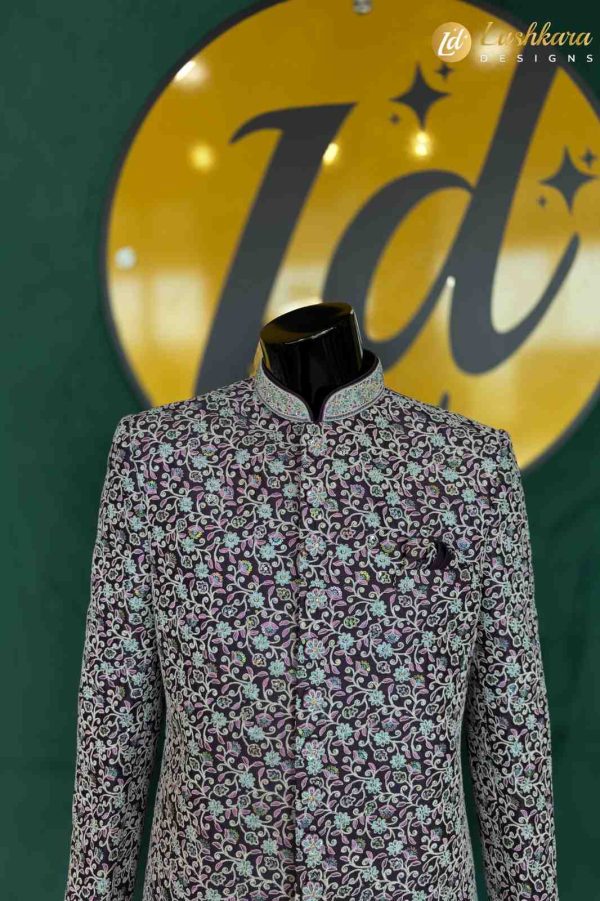 Lushkara Purple Sherwani with Multicolor Floral Embroidery