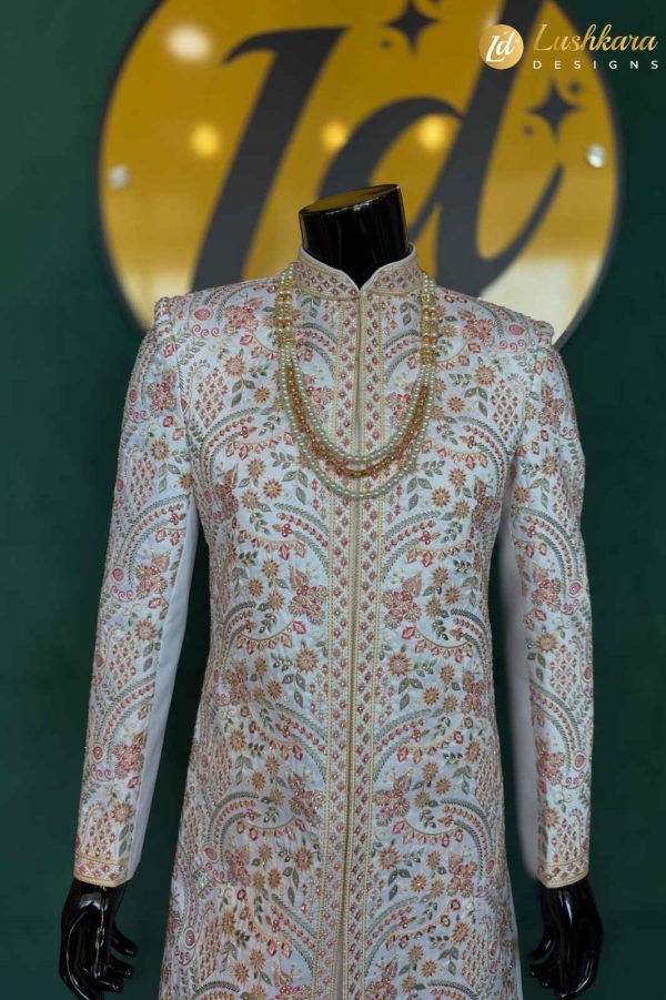 Lushkara Pastel Sherwani with Floral Embroidery for Men
