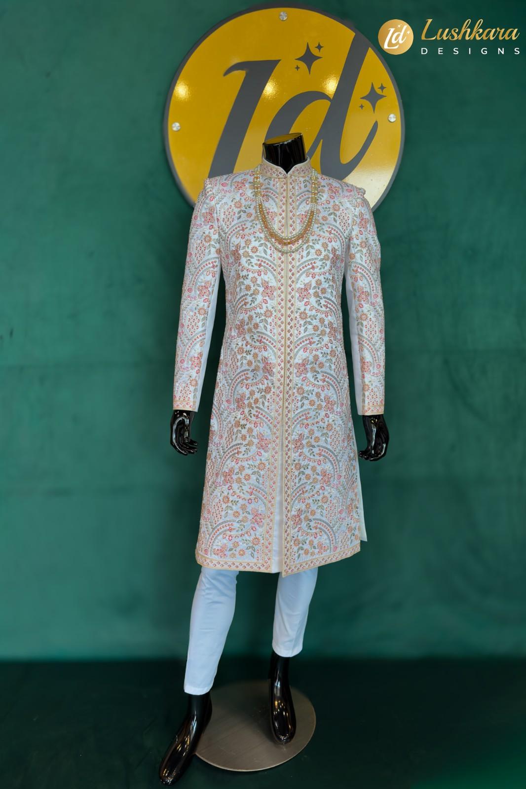 Lushkara Pastel Sherwani with Floral Embroidery for Men