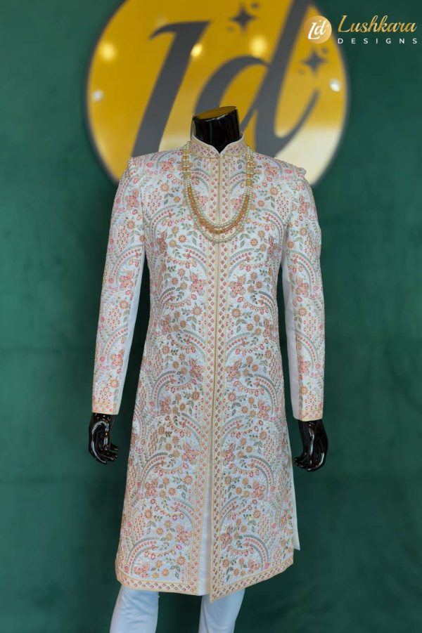 Lushkara Pastel Sherwani with Floral Embroidery for Men