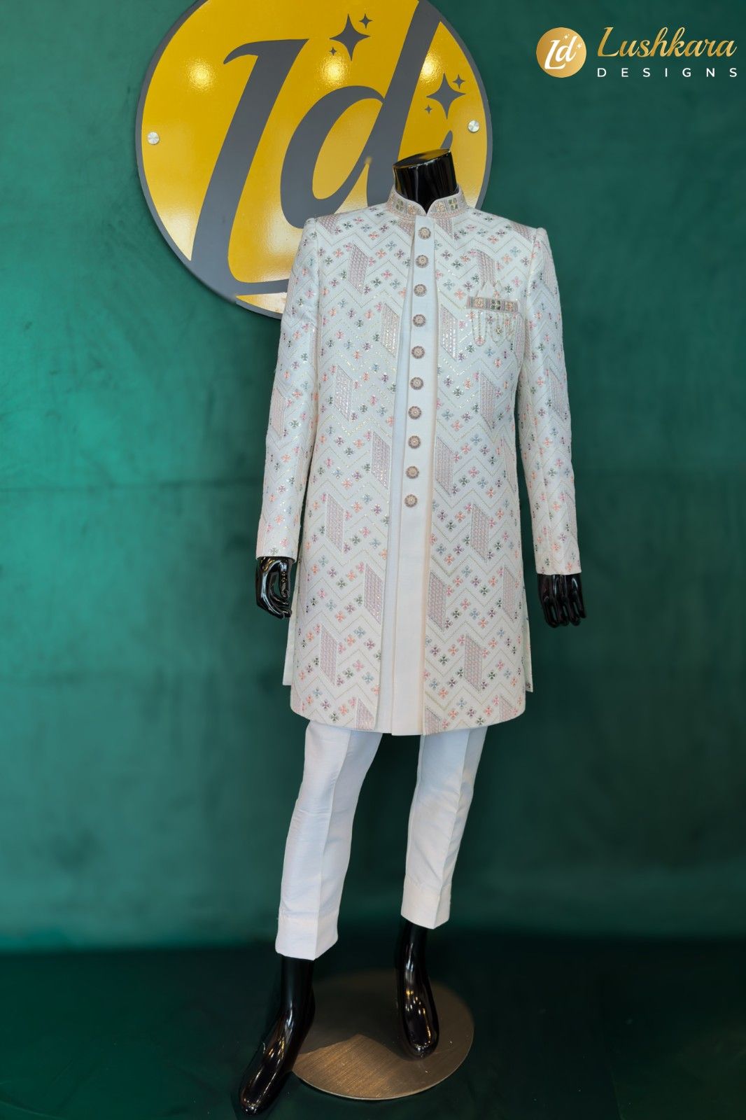 Lushkara Ivory Sherwani with Geometric Embroidery for Men