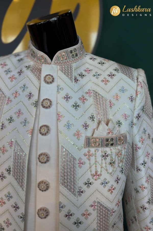Lushkara Ivory Sherwani with Geometric Embroidery for Men