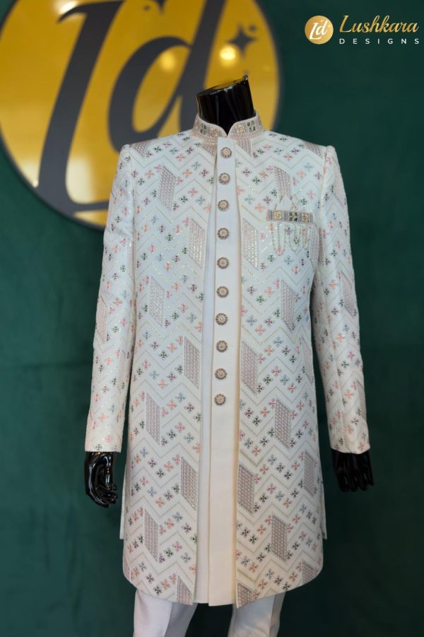 Lushkara Ivory Sherwani with Geometric Embroidery for Men