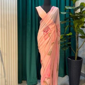 Lushkara Peach Floral Organza Saree with Hand-Painted Motif