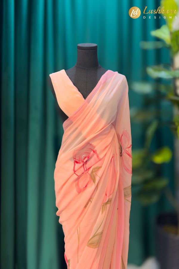 Lushkara Peach Floral Organza Saree with Hand-Painted Motif