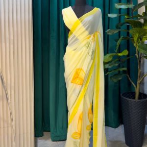 Lushkara Yellow Floral Organza Saree with Hand-Painted Motif