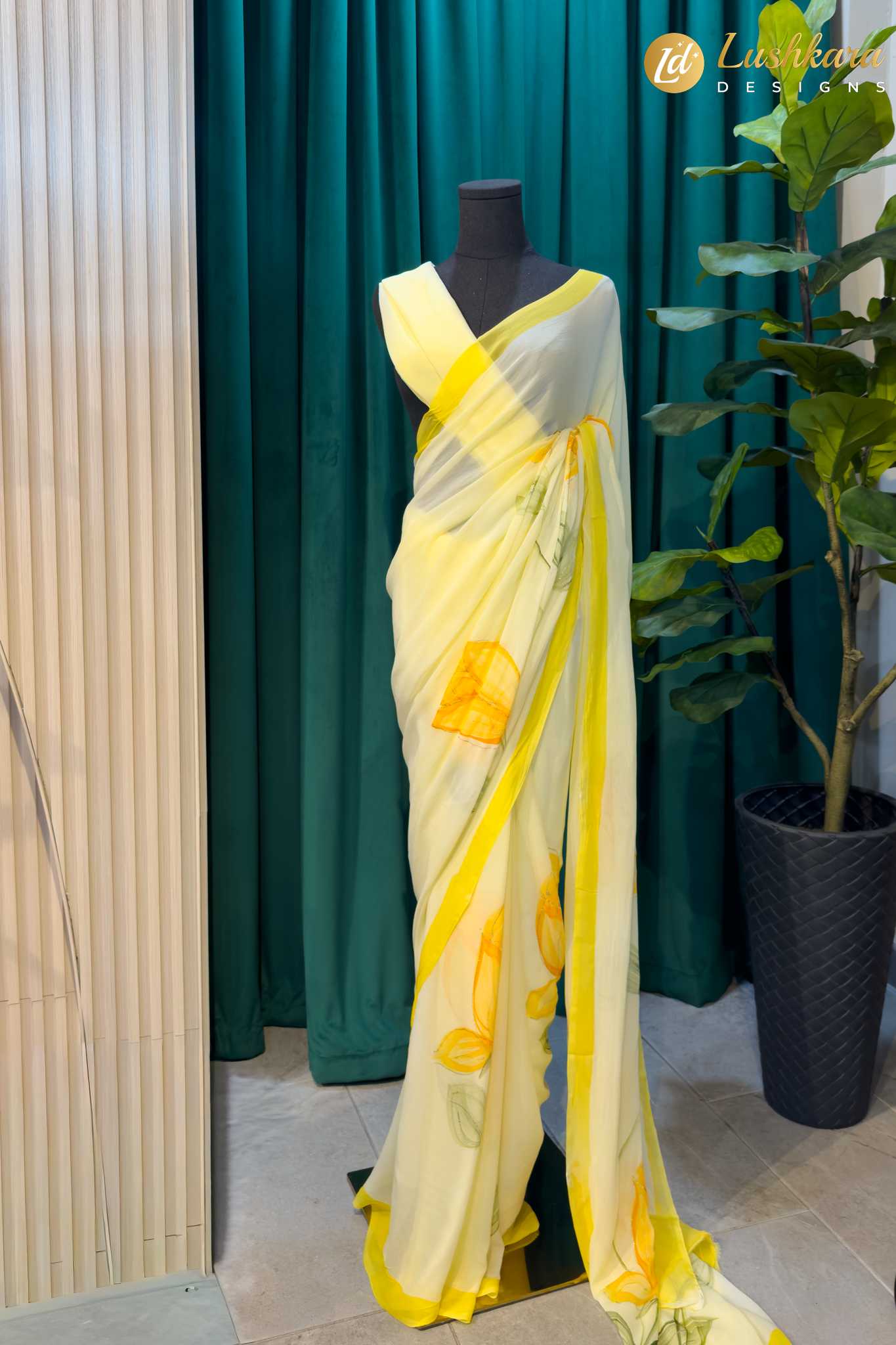 Lushkara Yellow Floral Organza Saree with Hand-Painted Motif