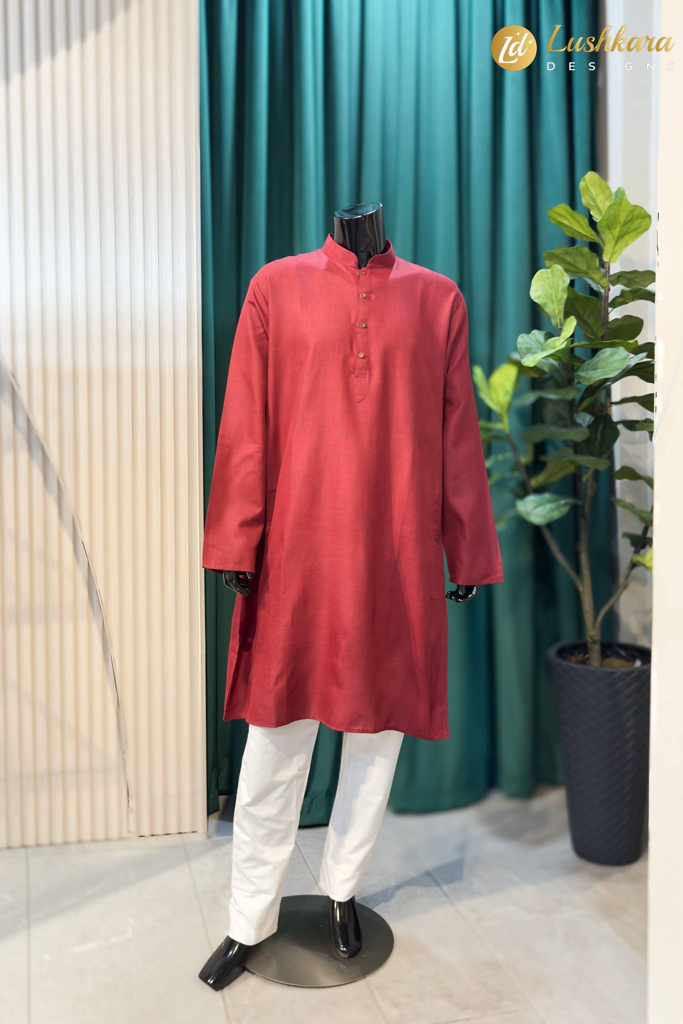 Lushkara Maroon Men Kurta Set with White Pajama