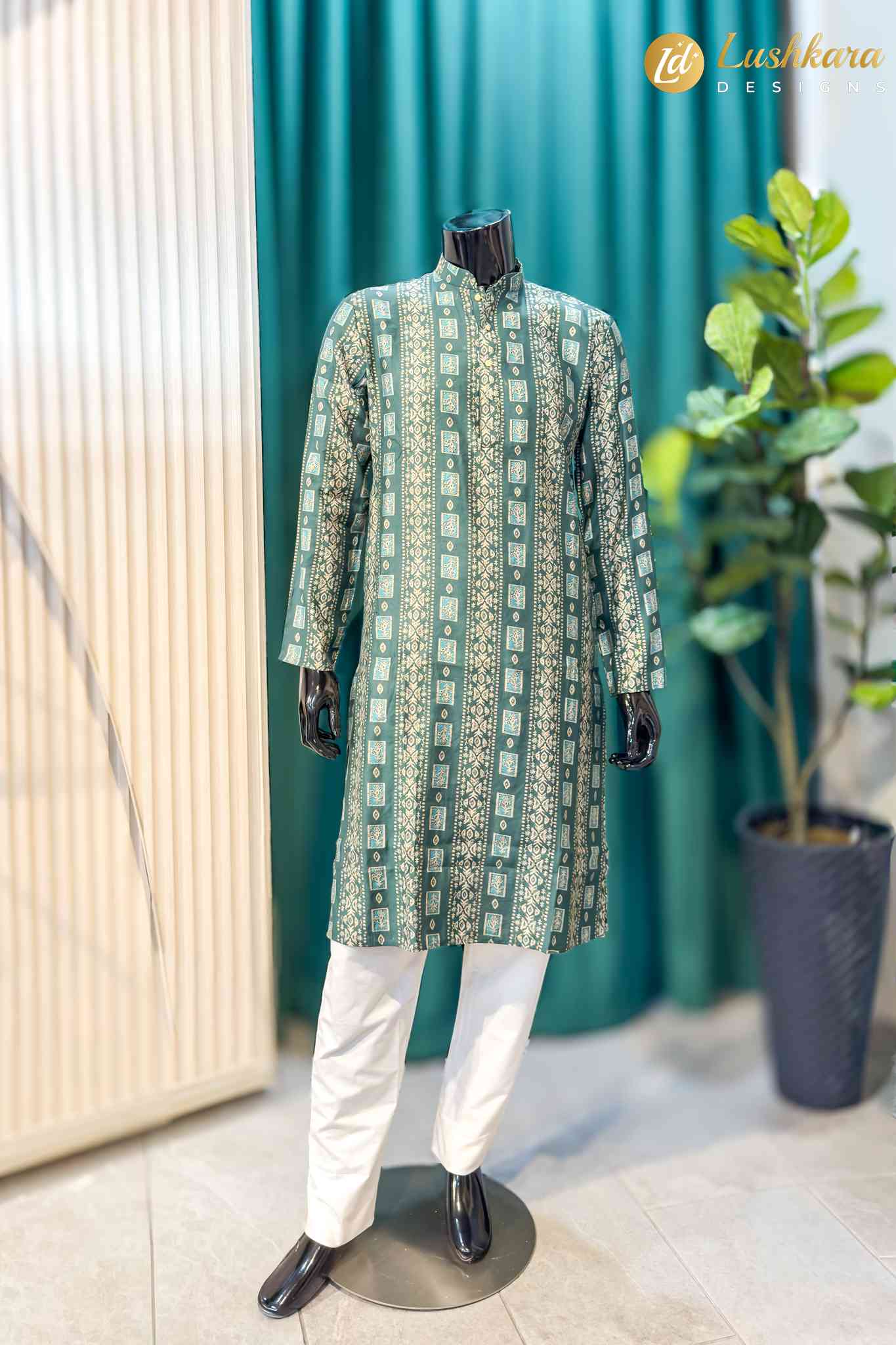 Lushkara Green Printed Men’s Kurta Set with White Pajama