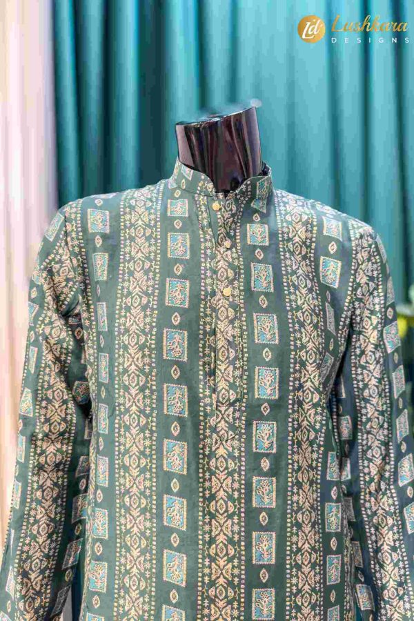 Lushkara Green Printed Men’s Kurta Set with White Pajama