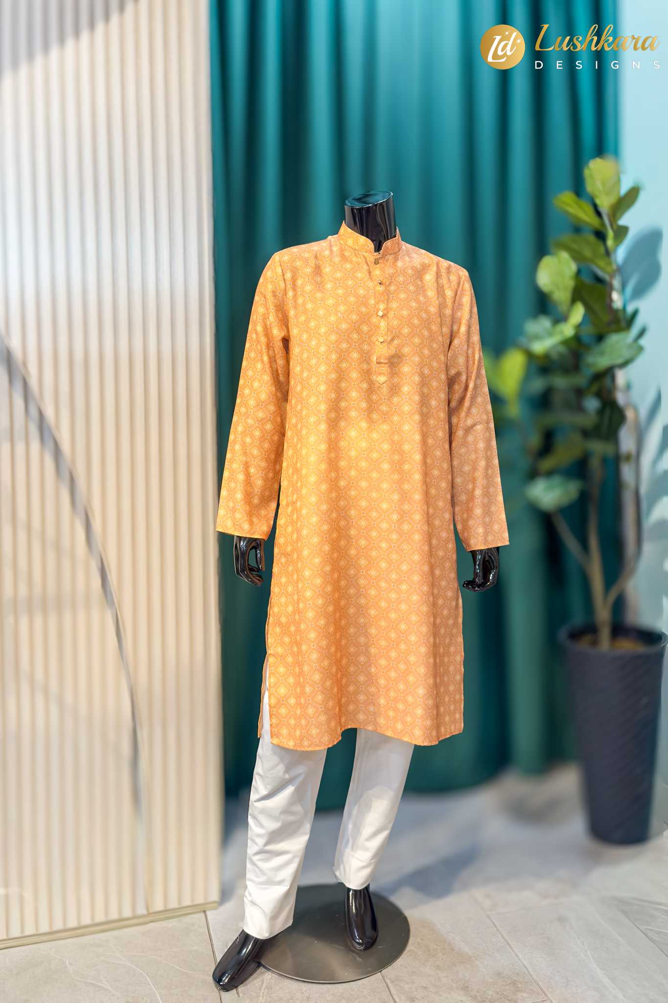 Lushkara Yellow Printed Mens Kurta Set with White Pajama