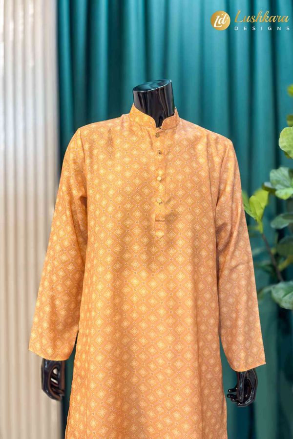Lushkara Yellow Printed Men’s Kurta Set with White Pajama