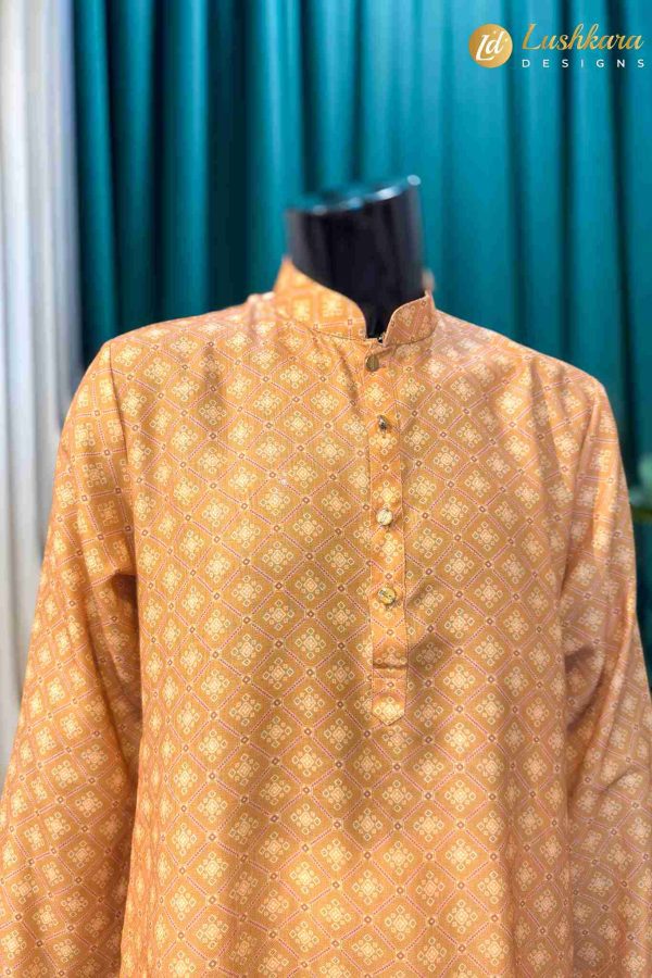 Lushkara Yellow Printed Men’s Kurta Set with White Pajama