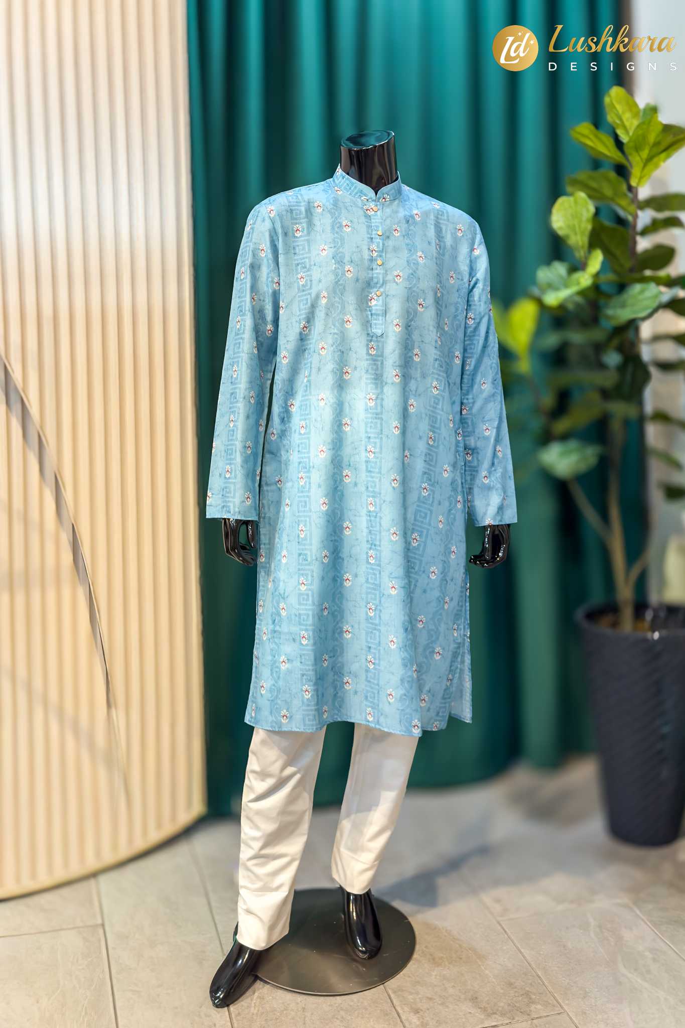 Lushkara Light Blue Printed Mens Kurta Set with White Pajama