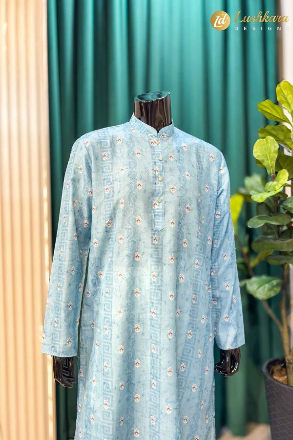 Lushkara Light Blue Printed Mens Kurta Set with White Pajama