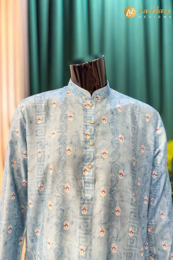 Lushkara Light Blue Printed Mens Kurta Set with White Pajama