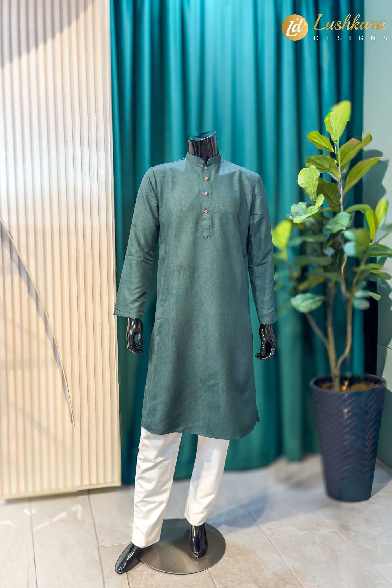 Lushkara Dark Green Mens Kurta Set with White Pajama