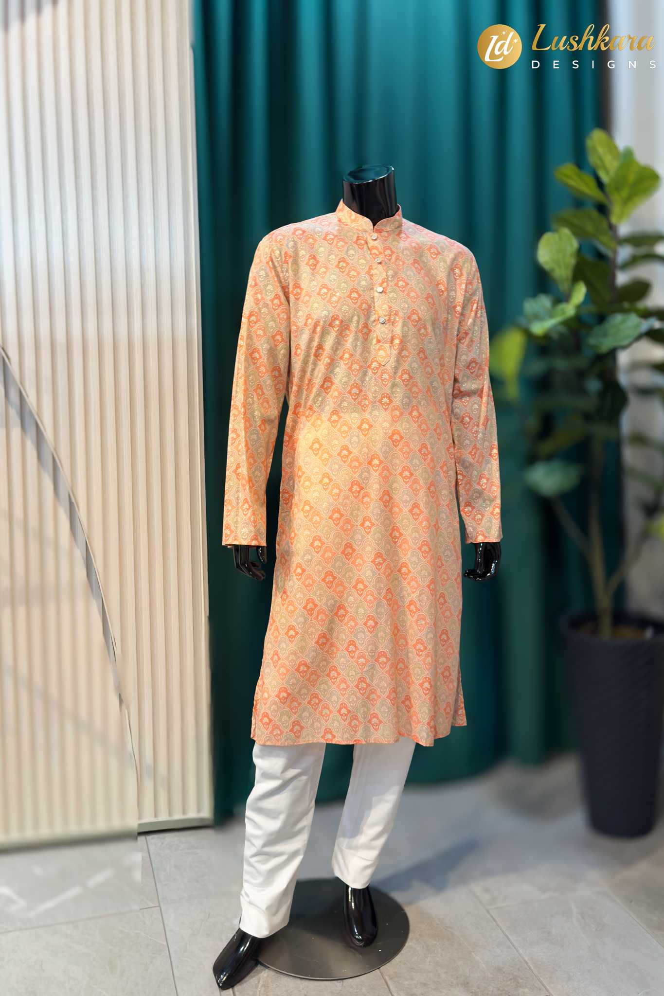 Lushkara Beige Printed Mens Kurta Set with White Pajama