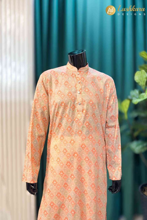 Lushkara Beige Printed Mens Kurta Set with White Pajama