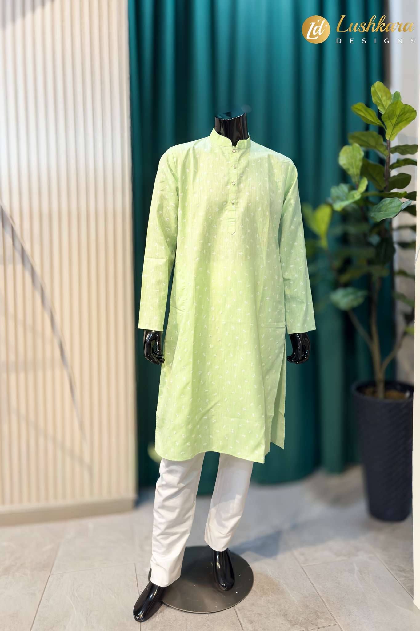 Lushkara Light Green Mens Kurta Set with White Pajama