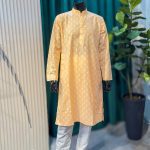Lushkara Peach Printed Mens Kurta Set with White Pajama