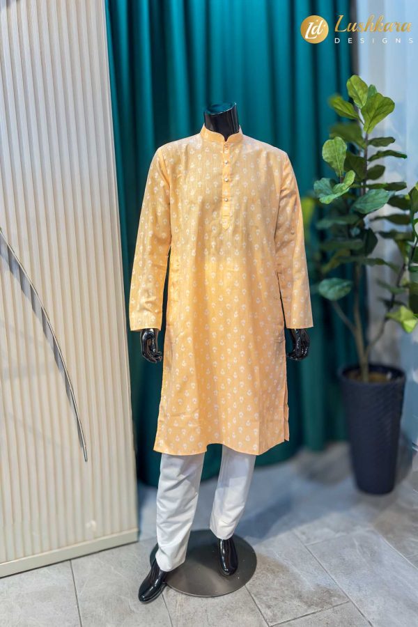 Lushkara Peach Printed Mens Kurta Set with White Pajama