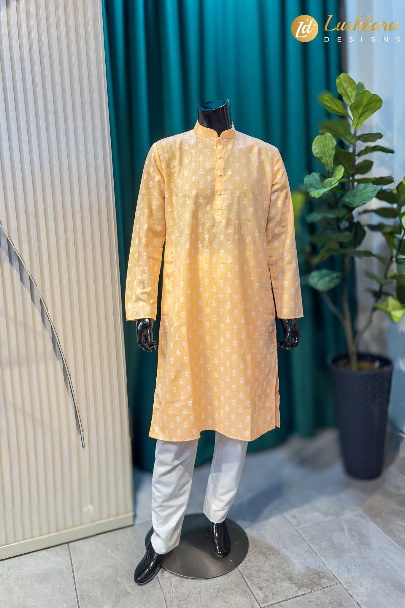 Lushkara Peach Printed Mens Kurta Set with White Pajama
