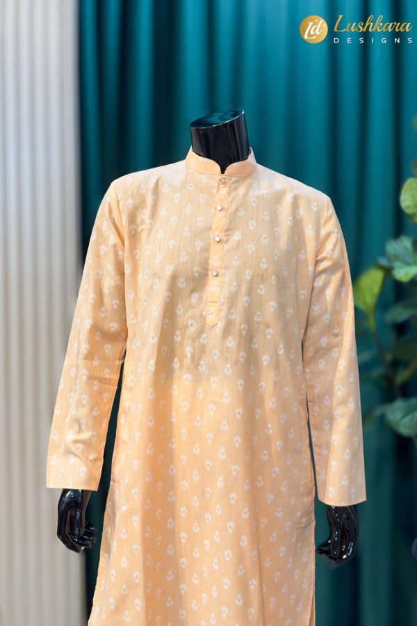 Lushkara Peach Printed Mens Kurta Set with White Pajama