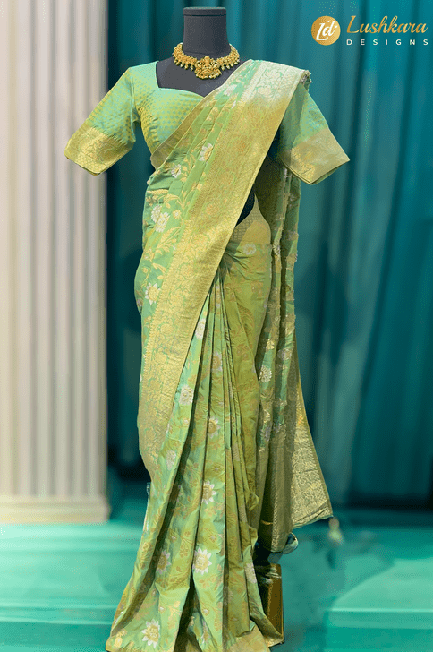 Lushkara Green Banarasi Saree with Golden Zari Weaving