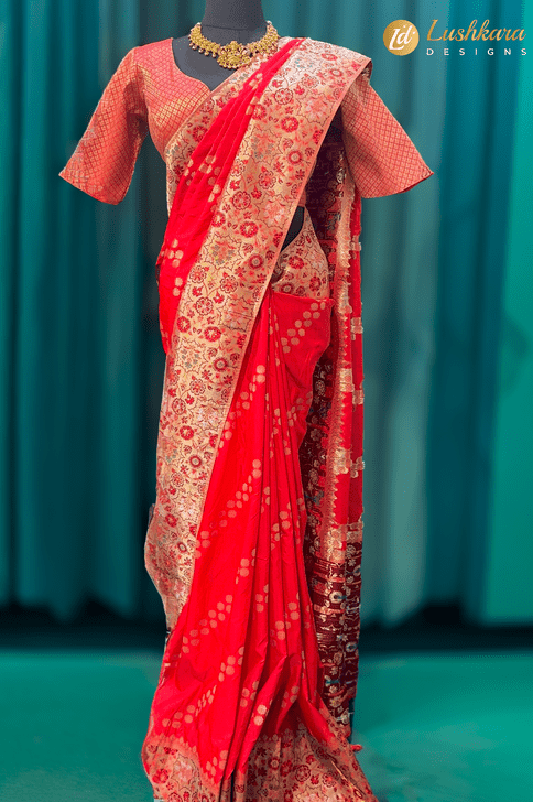 Lushkara Red Bridal Saree with Heavy Floral Zari Embroidery